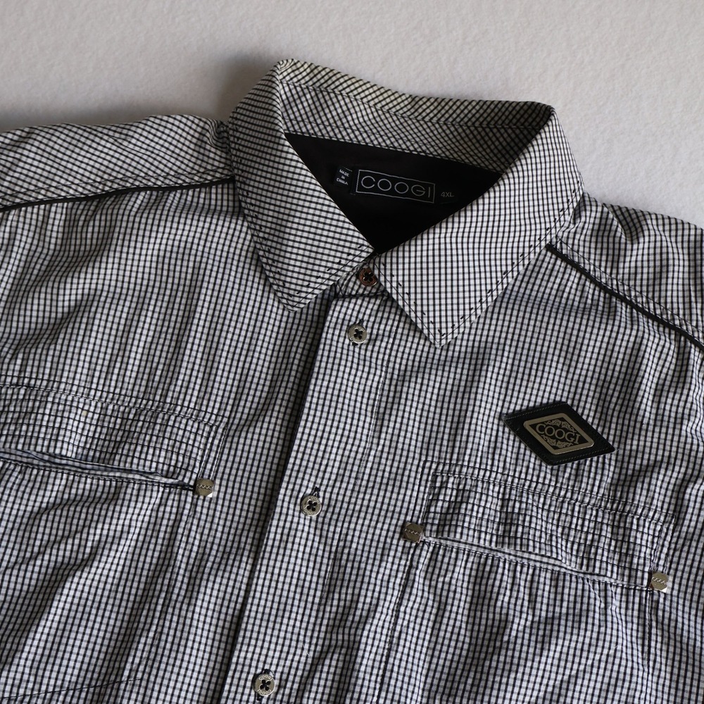COOGI Mens 4XL Black White Micro Check Short Sleeve Button Up Shirt Logo